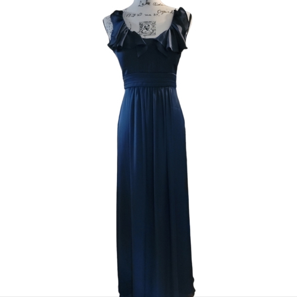 BCBG Paris Size 6 Navy Blue Sleeveless Ruffle Evening Gown Maxi Formal Dress - Picture 2 of 11